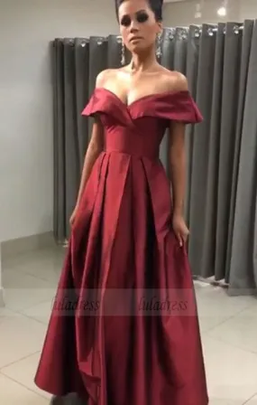 Sexy Off The Shoulder Long Satin Prom Dresses V-neck Evening Gowns