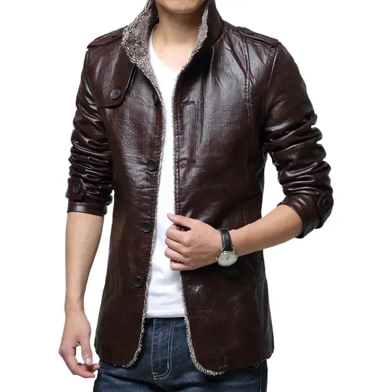 WIAOFELLAS  -  Winter Warm Faux Leather Jacket Men Solid Long Sleeve PU Leather Coat Stand Collar Thick Slim Fit Men Jacket Trench Coats