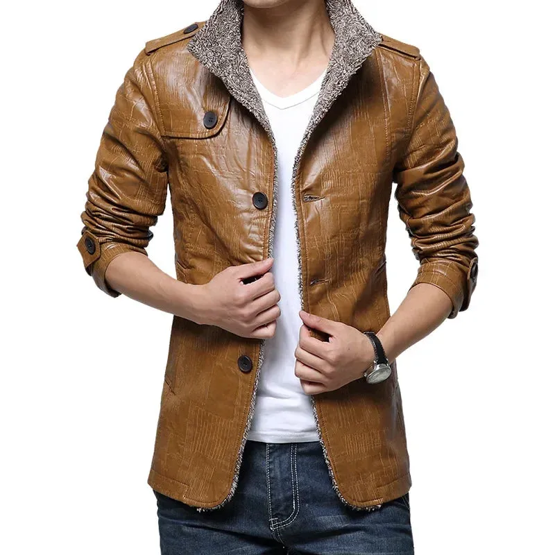 WIAOFELLAS  -  Winter Warm Faux Leather Jacket Men Solid Long Sleeve PU Leather Coat Stand Collar Thick Slim Fit Men Jacket Trench Coats