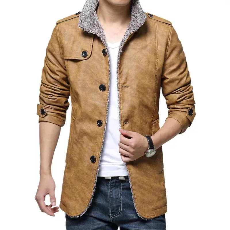 WIAOFELLAS  -  Winter Warm Faux Leather Jacket Men Solid Long Sleeve PU Leather Coat Stand Collar Thick Slim Fit Men Jacket Trench Coats