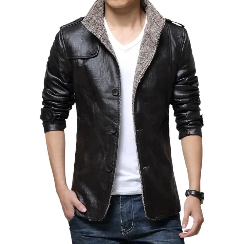 WIAOFELLAS  -  Winter Warm Faux Leather Jacket Men Solid Long Sleeve PU Leather Coat Stand Collar Thick Slim Fit Men Jacket Trench Coats