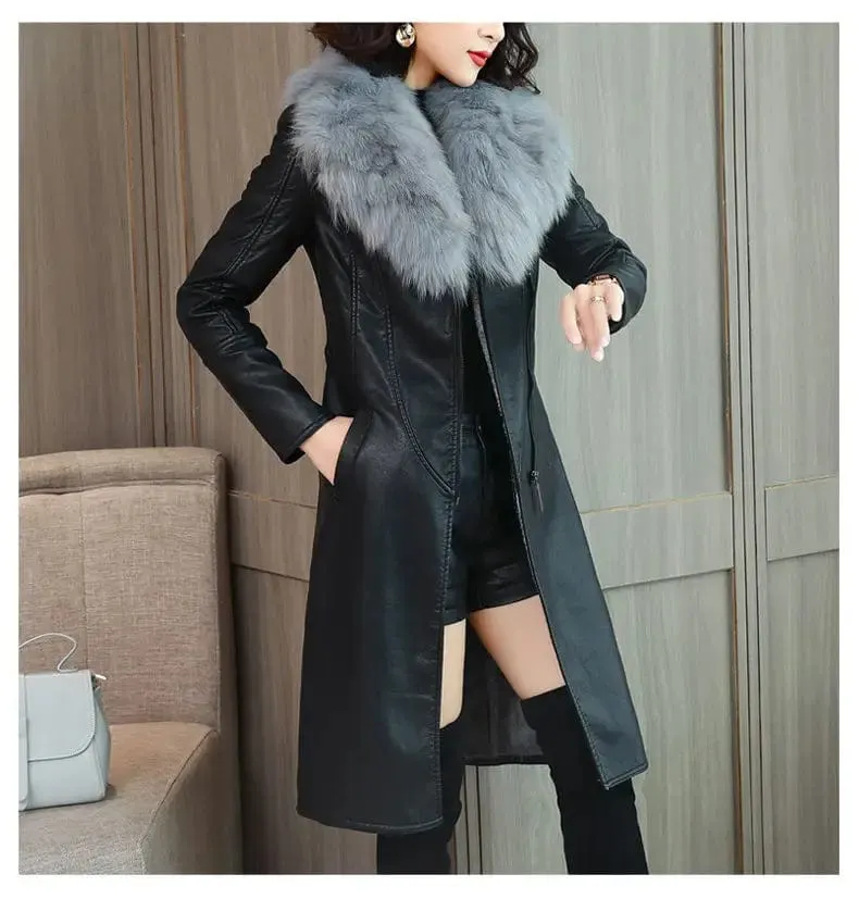 Winter Faux Fur Collar Leather Long Loose Coats Coat