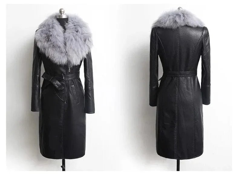 Winter Faux Fur Collar Leather Long Loose Coats Coat