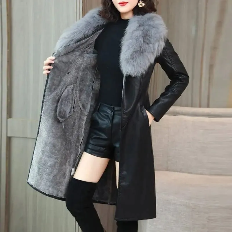 Winter Faux Fur Collar Leather Long Loose Coats Coat