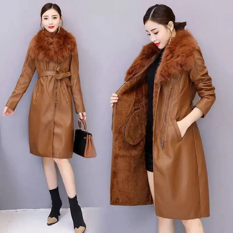 Winter Faux Fur Collar Leather Long Loose Coats Coat