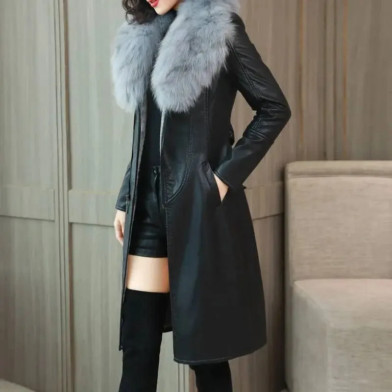 Winter Faux Fur Collar Leather Long Loose Coats Coat