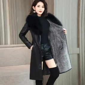 Winter Faux Fur Collar Leather Long Loose Coats Coat