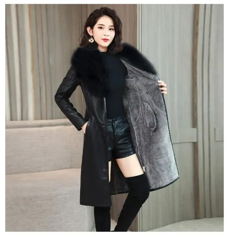 Winter Faux Fur Collar Leather Long Loose Coats Coat