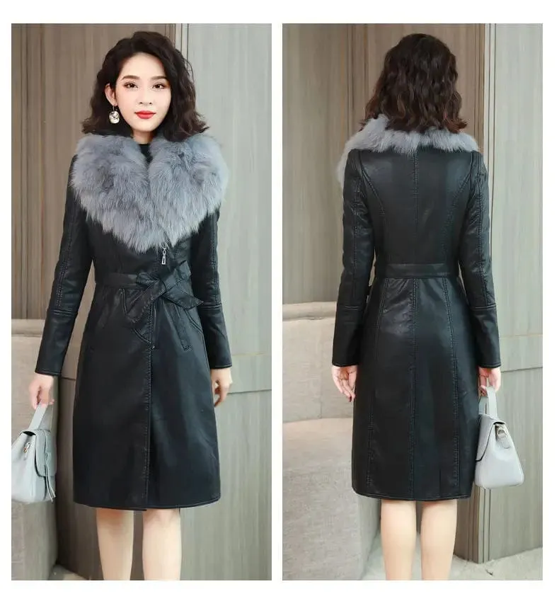 Winter Faux Fur Collar Leather Long Loose Coats Coat