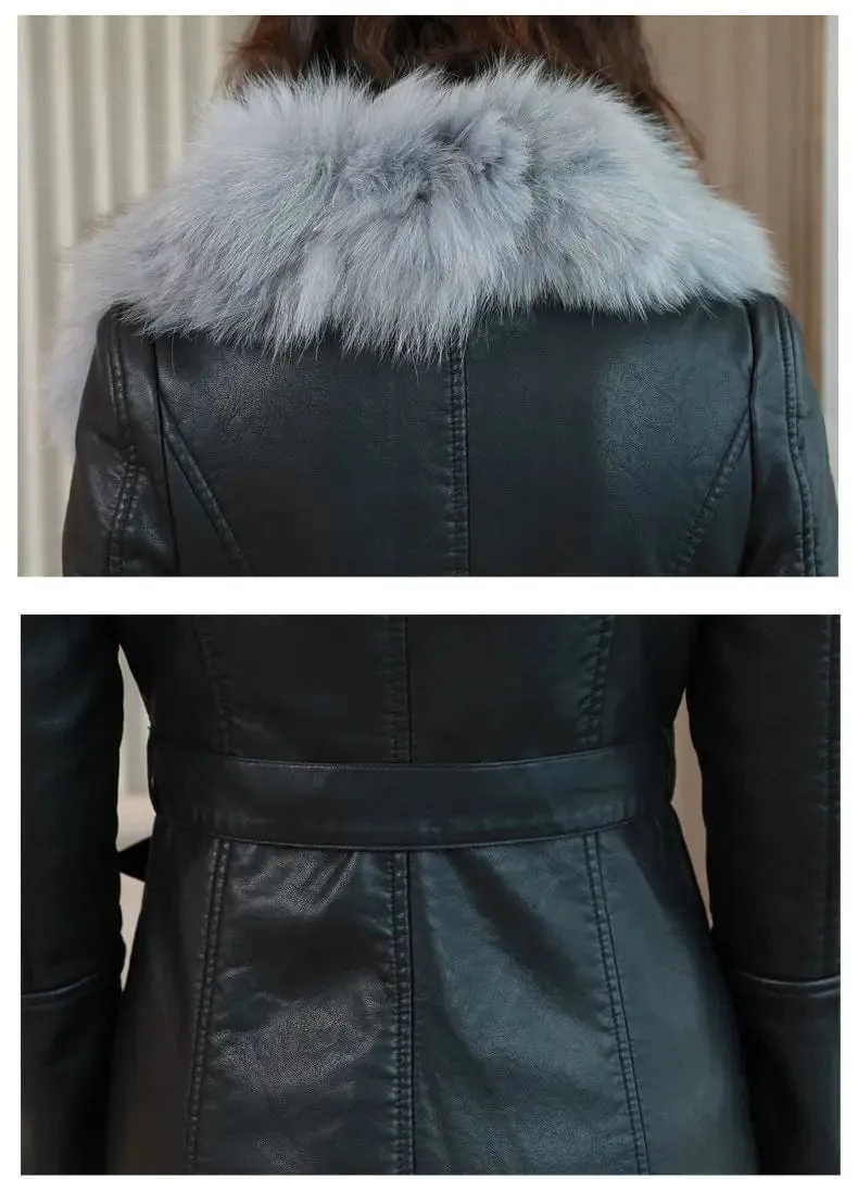 Winter Faux Fur Collar Leather Long Loose Coats Coat