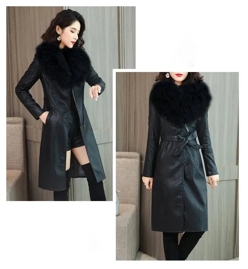 Winter Faux Fur Collar Leather Long Loose Coats Coat