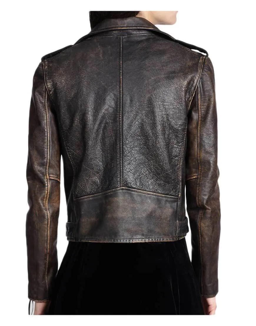 Women Cafe Racer Biker Distressed Brown Vintage Real Leather Jacket