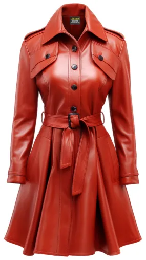 Women Red Leather Coat - Red Coat