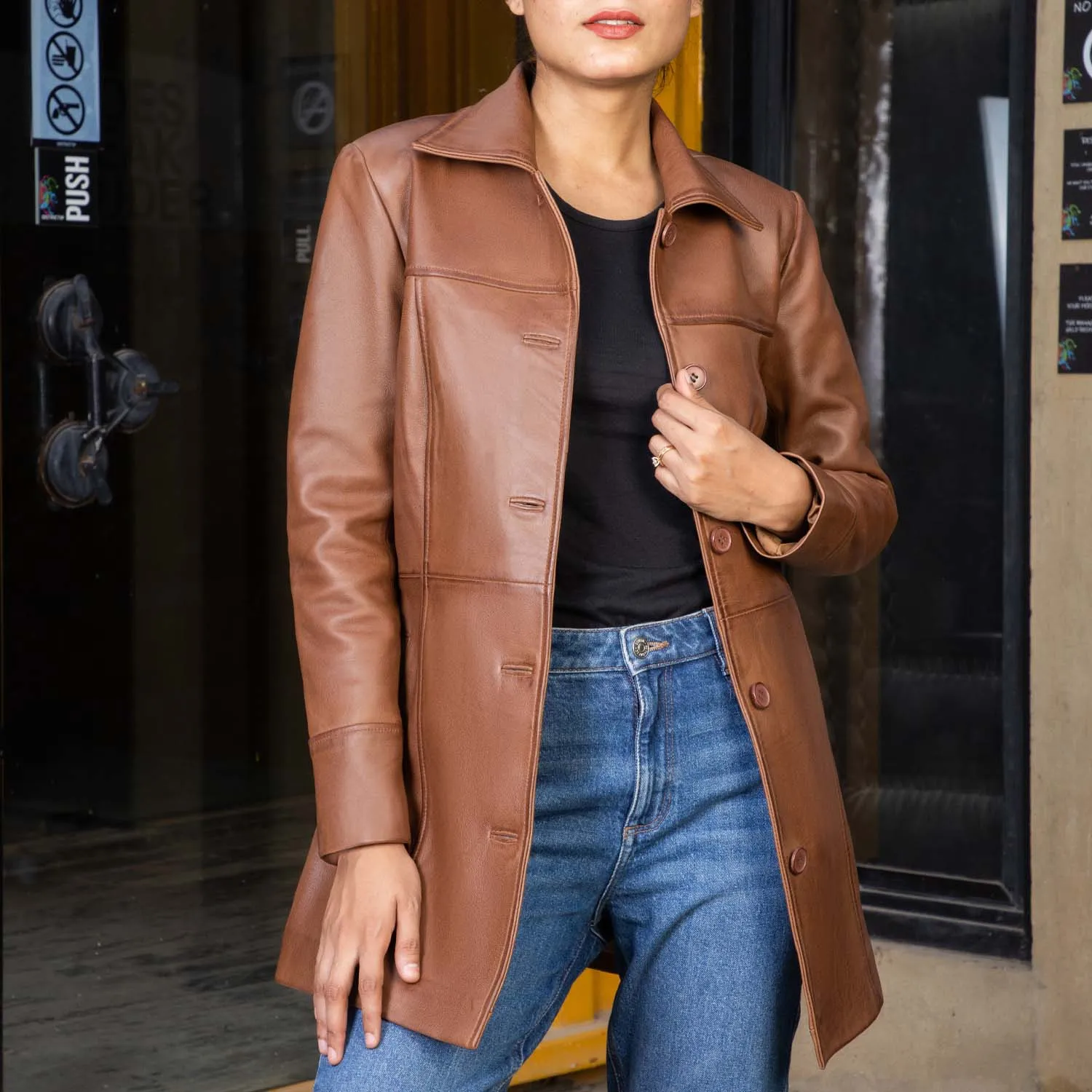 Women’s Real Leather 3/4 Length Car Coat